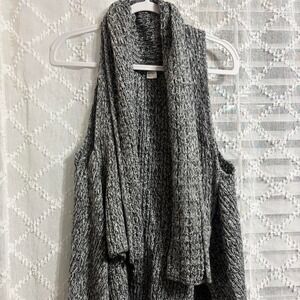 Black White Marled Chunky Knit Open Front Drape Vest Sleeveless Cardigan L